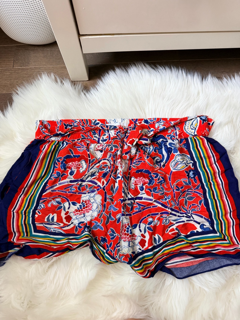 Anthropologie Red Floral High-Waist Shorts with Multicolor Trim